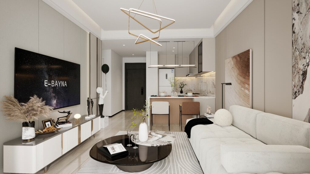 Living room couch, tv and open-kitchen plan located at Capital Heights, Matundu Close, Nairobi