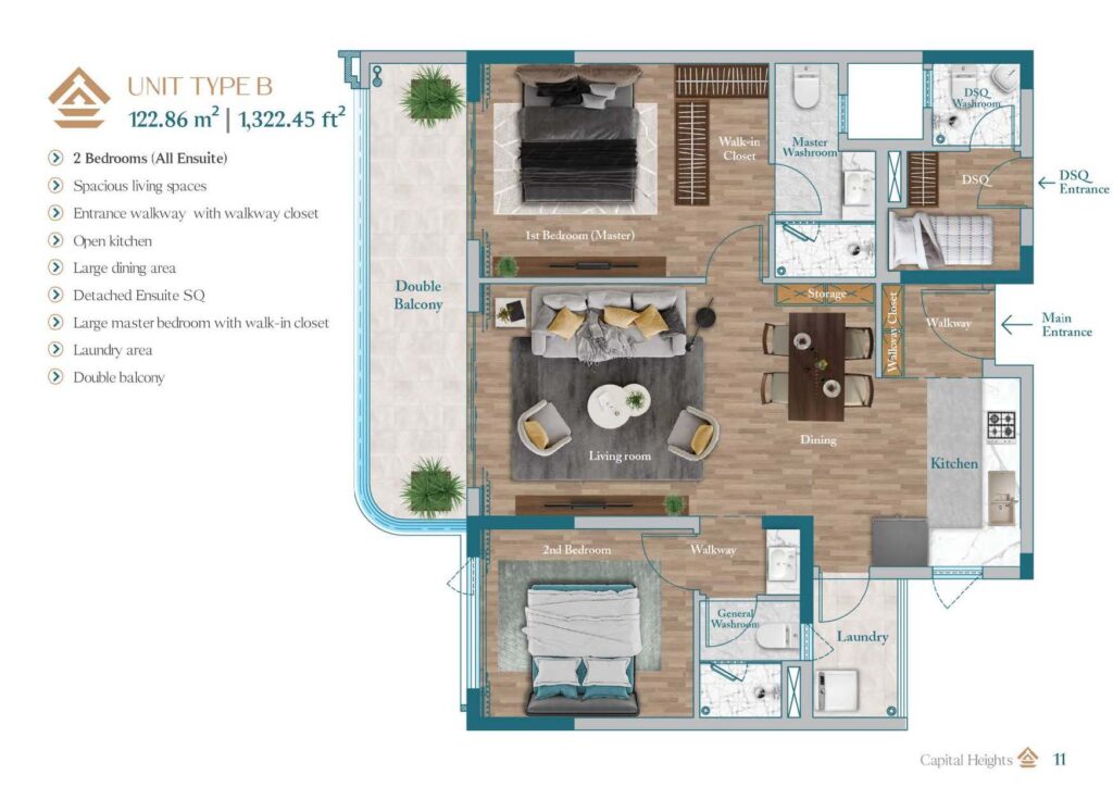 Capital Heights unit type B- 2 bedroom plus detached dsq